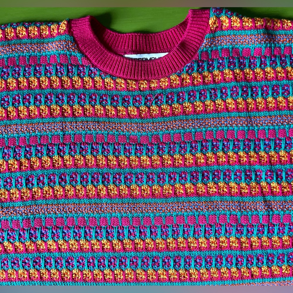 Knitted Vibrant cozy Unisex Colorful Flower Field Meadow Sweater Magenta Teal